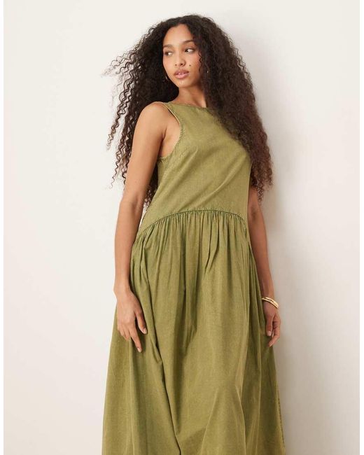 ASOS Gesmokte Midi Jurk Met Rechte Hals En Verlaagde Taille in het Green