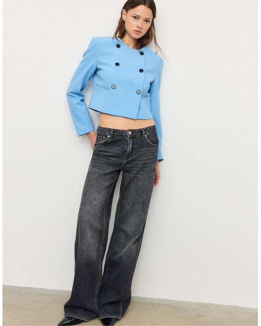 Stradivarius Blue Cropped Round Neck Blazer