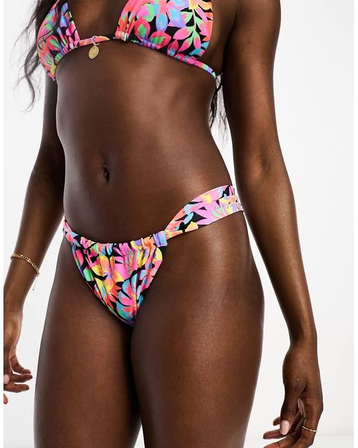 Kulani Kinis Blue Disco Daisy Ruched Thong Bikini Bottoms