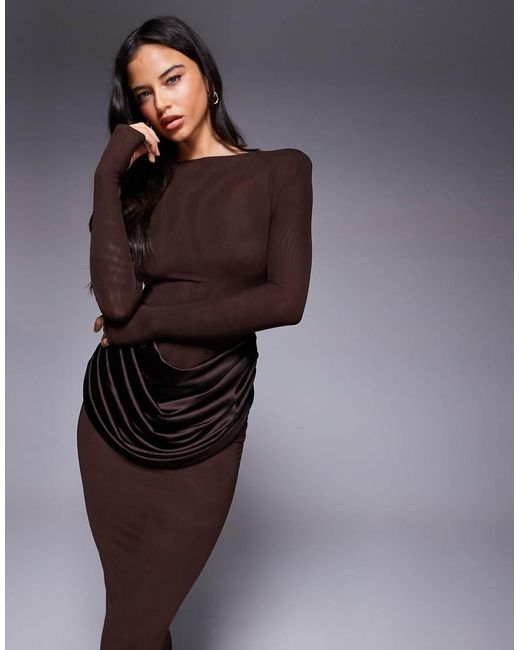 Wanderdoll Brown Wander Doll Eman Long Sleeve Slash Neck Satin Drape Waist Detail Bodycon Maxi Dress