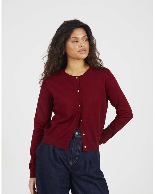 Brave Soul Red Crew Neck Cardigan With Metallic Buttons