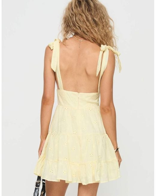 Princess Polly Yellow Broderie Tie Shoulder Plunge Tiered Mini Dress