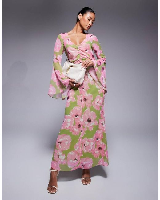 Vestito Lungo A Fiori Rosa Arricciato Sul Davanti E Con Scollo A V di ASOS in Multicolor