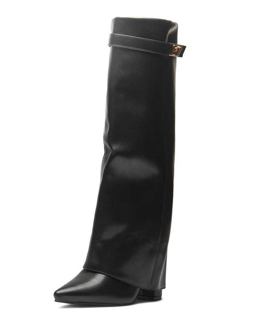 SEQWL Black Mid Heel Calf Boots With Metal Buckle And Zip Closure
