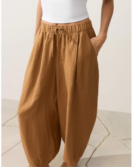 Oysho Natural 100% Linen Pleated Balloon Trousers