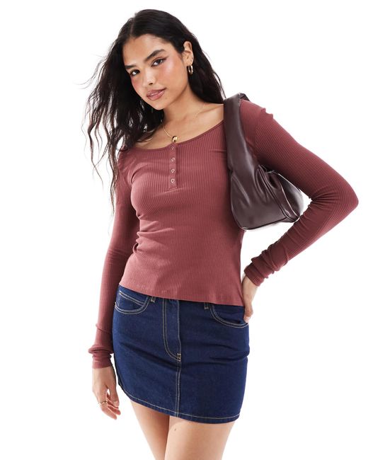 Pieces Red Ribbed Popper Front Long Sleeve Top