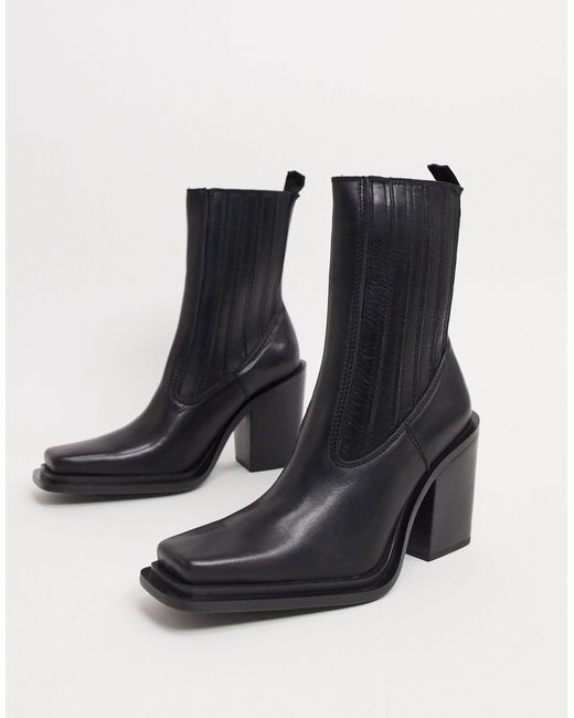 Mango Black Square Toe Leather Heeled Boots