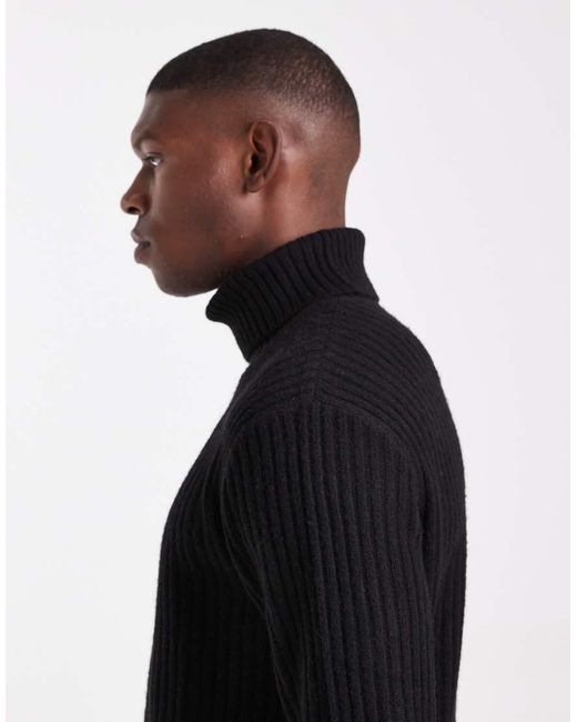 JJ Rebel Black Roll Neck Cable Knit Jumper for men