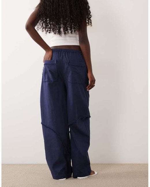 ASOS Blue Linen Blend Pull On Barrel Leg Trousers With Raw Seam Detail