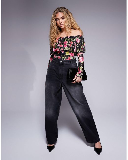 AFRM Gray Saylor Long Sleeve Off The Shoulder Ruffle Bodysuit