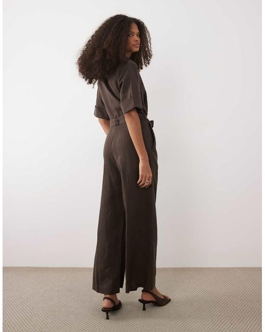 Mango Brown Linen Mix Belted Short Sleeve Jumpsuit