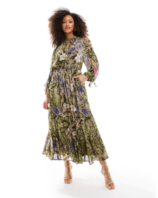 & Other Stories Multicolor Drapey Midaxi Dress With Ruche Tie Volume Sleeves And Tiered Hem