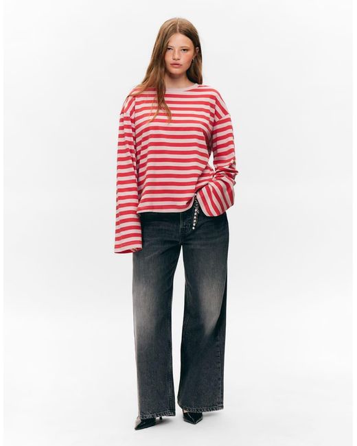 Monki Red Oversized Long Sleeve T-Shirt With Side Slits