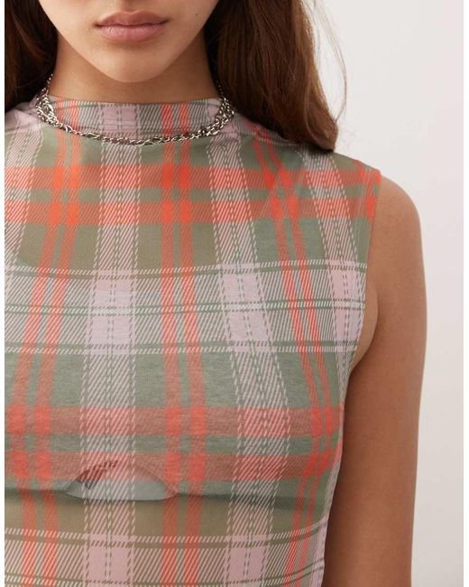 Collusion Brown Sheer Check Print Mesh Funnel Neck Top