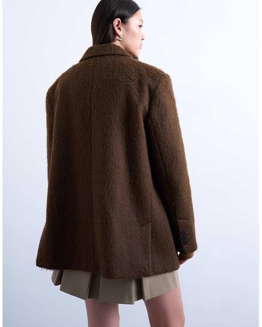 TOPSHOP Brown Long Brushed One Button Blazer Coat With Wool