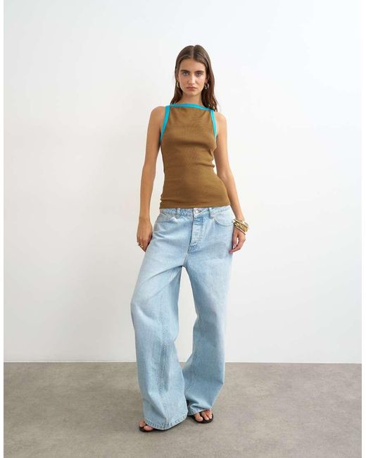 TOPSHOP White Teal Tipping Slash Neck Racer Vest