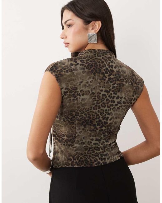 ASOS Black Printed Mesh Capped Sleeve Tie Detail Top
