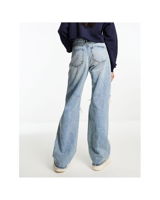 Stradivarius Blue Wide Leg Dad Jean With Rips
