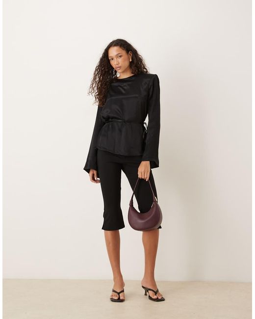 ASOS Black Satin Blouson Tie Waist Top With Shoulder Pads