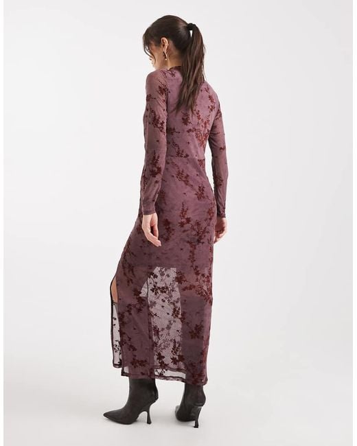French Connection Red High Neck Mesh Midi Dress With Velvet Burnout