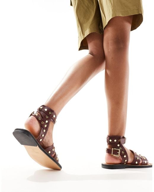 ASOS Natural Fiji Leather Studded Flat Sandals