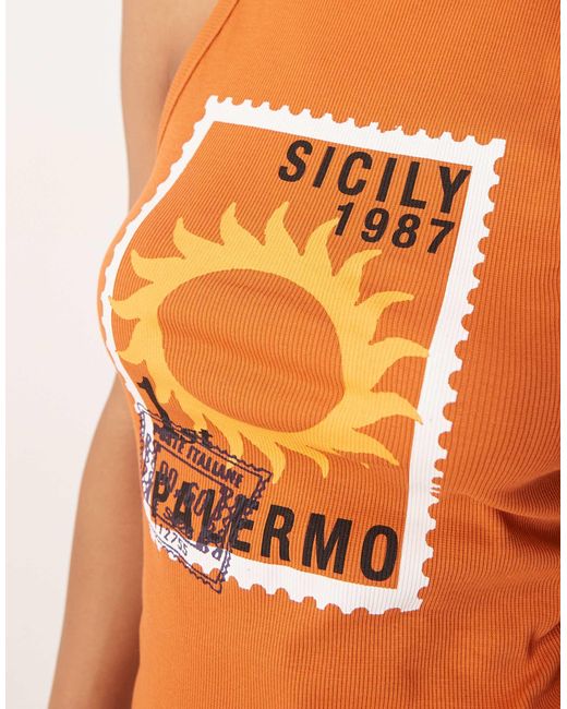 ASOS Orange Racer Rib Vest Top With Postcard Graphic