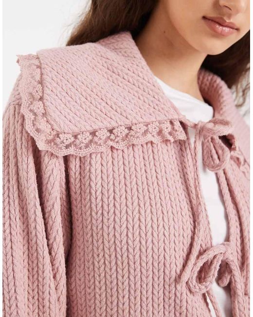 Miss Selfridge Pink Tie Front Cardigan With Lace Trim Collar