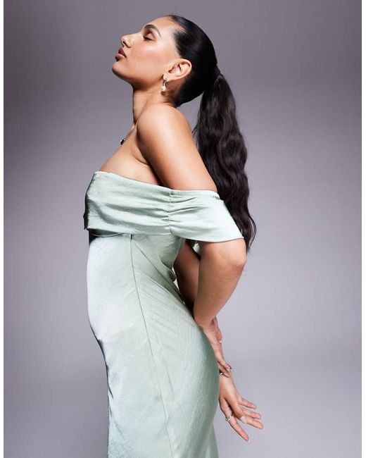 Princess Polly Blue Satin Bardot Ruched Front Detail Maxi Dress
