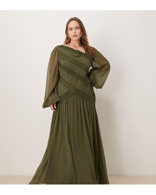 ASOS Green Asos Design Curve Long-sleeved Asymmetric Neckline Maxi Dress With Lace Trim