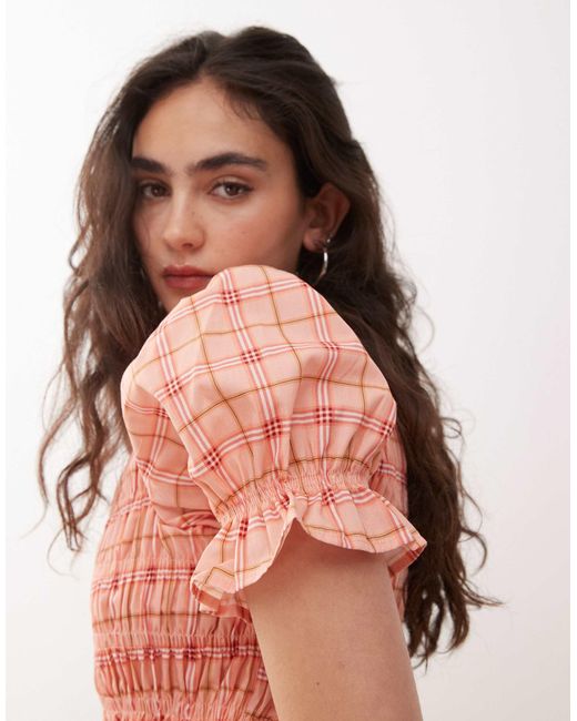 Top style western à carreaux avec détails froncés et manches bouffantes - rose Reclaimed (vintage) en coloris Pink