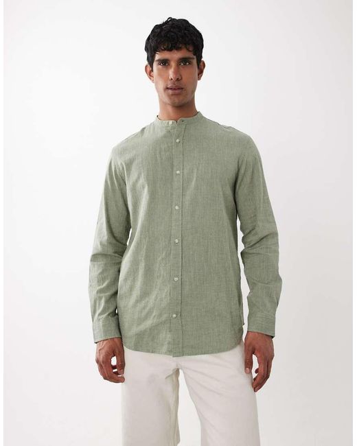 Jack & Jones Green Linen Mix Granded Collar Shirt for men