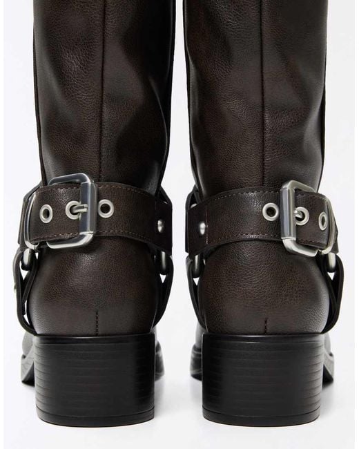 Bershka Black Biker Boots With Buckle