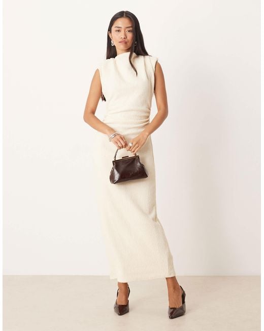 ASOS Natural Boucle Sleeveless Shoulder Pad Ruched Midi Dress