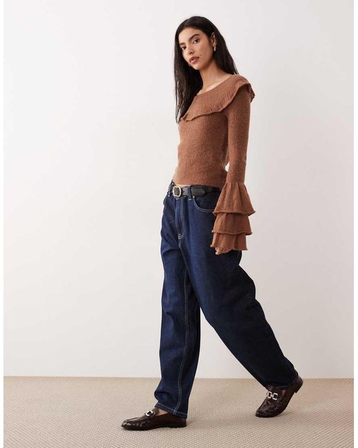 Glamorous Brown Ruffle Thin Knit Top