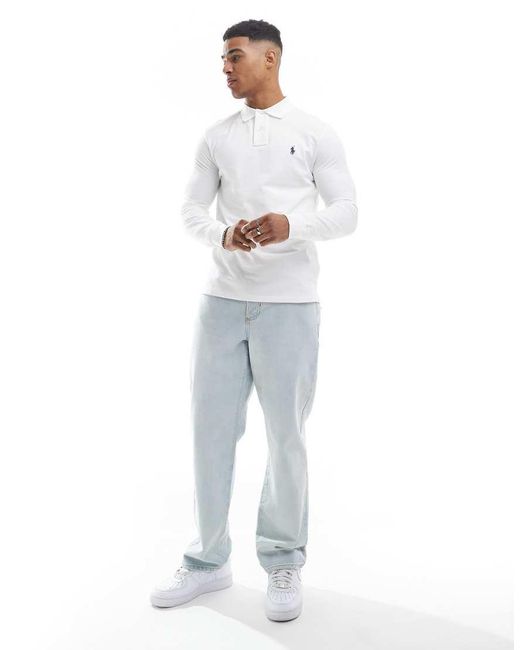 Polo Ralph Lauren White Icon Logo Custom Slim Fit Long Sleeve Polo for men