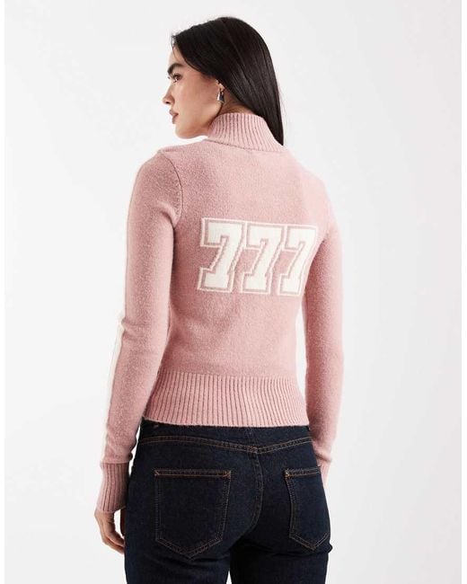 Daisy Street Pink Zip Up High Neck Angel Number Knit Sweater