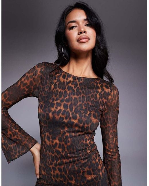 Brave Soul Mini-Jurk Van Mesh Met Lange Mouwen En Luipaardprint in het Brown