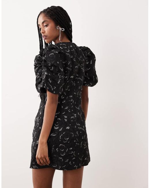 Gina Tricot Black Volume Balloon Sleeve Rose Brocade Mini Dress With Silver Metallic Inserts
