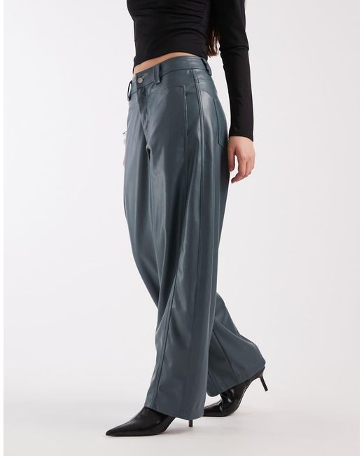ASOS Blue Faux Leather Barrel Leg Trousers With Seam Detail