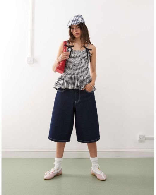 Collusion Blue Denim Skater Jorts With Contrast Stitch