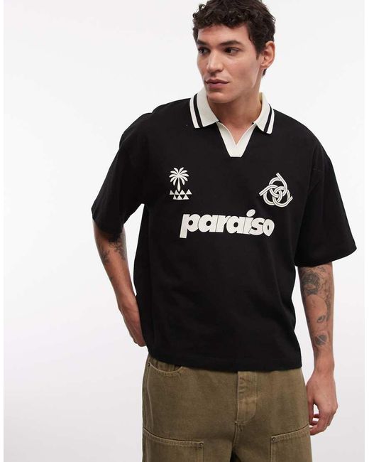 ASOS Black Boxy Oversized Polo With Soccer Graphics for men