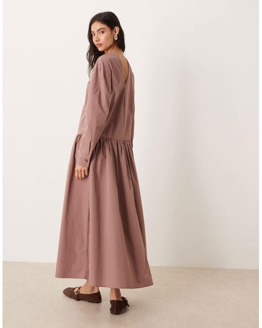 ASOS Pink Cotton Poplin Dropped Waist Maxi Smock Dress Deep Taupe