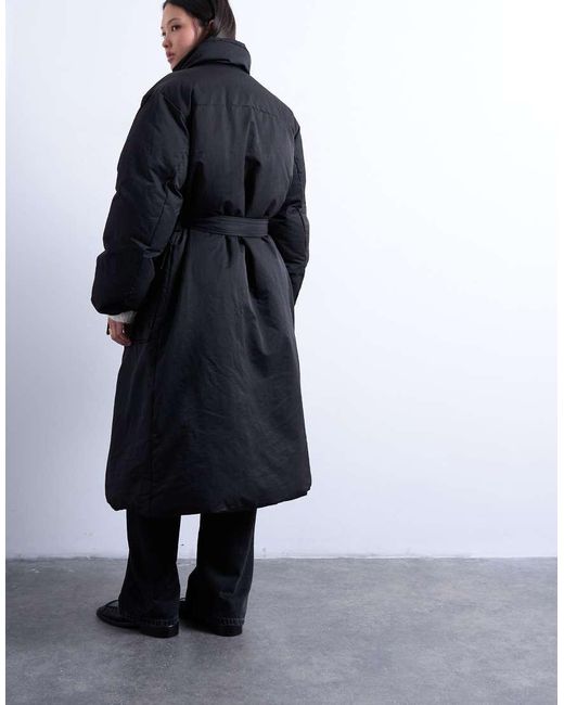 TOPSHOP Black Funnel Neck Longline Belted Puffer Jacket