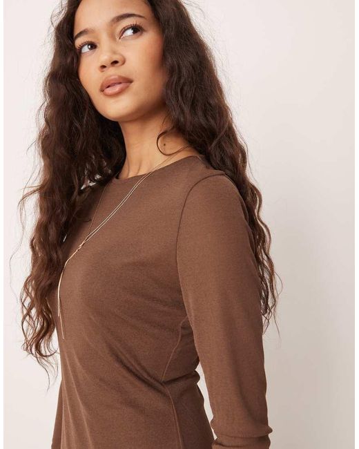 ASOS Brown Long Sleeve Sheer Double Layered Midi Dress