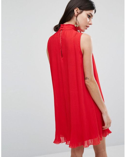 ASOS Sleeveless High Neck Pleated Swing Dress in Red | Lyst
