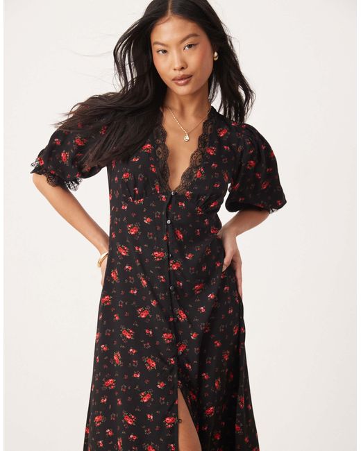 Miss Selfridge Black Lace Trim Button Through Maxi Dress