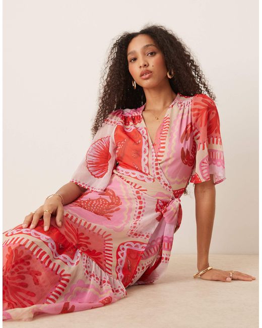 Hope & Ivy Pink Flutter Sleeve Maxi Wrap Dress
