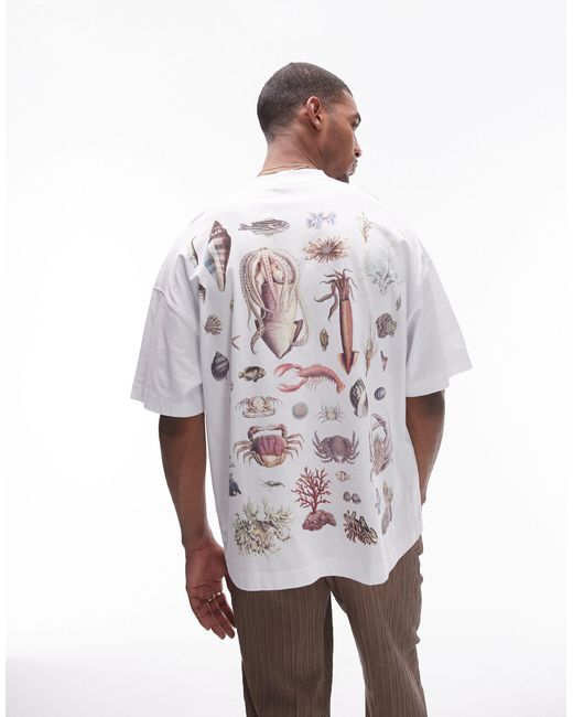 T-shirt super oversize bianca con stampa con creature marine sul davanti e sul retro di Topman in White da Uomo