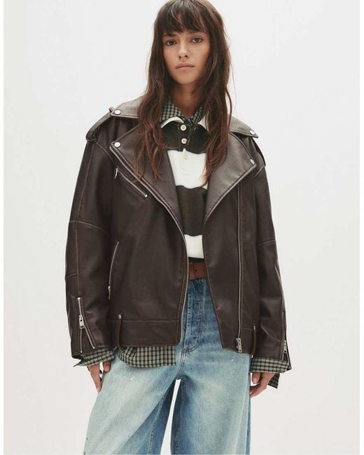 Pull&Bear Brown Faux Leather Biker Jacket