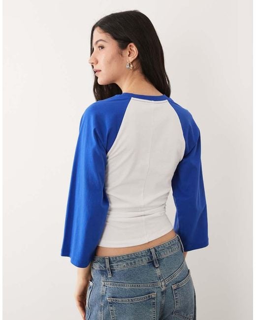 ASOS Blue 3/4 Contrast Sleeve Top With Cinched Waist